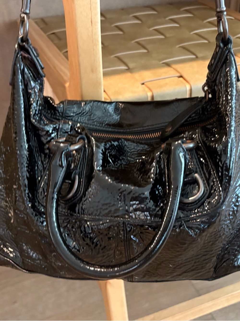 Coach Black Patent Leather Shoulder Bag with Chain-Link Strap - Picture 7 of 10